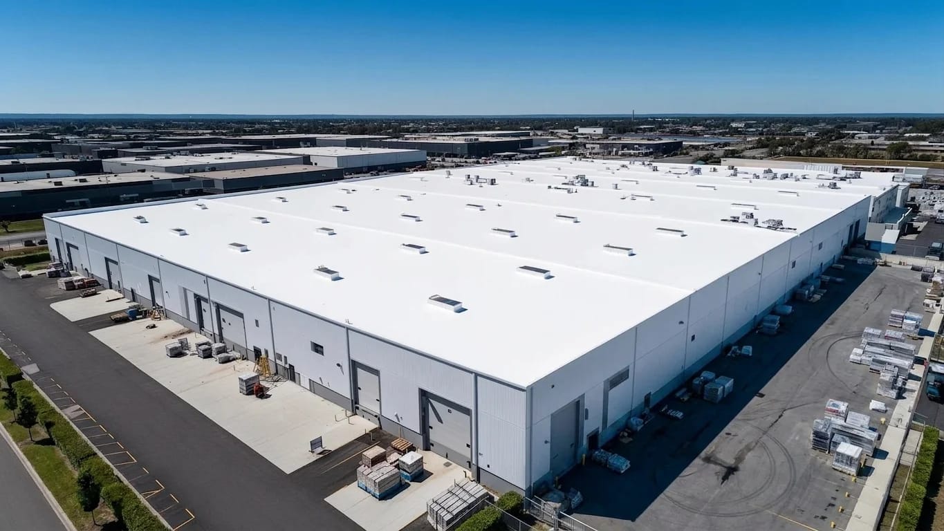 Toiture industrielle avec revêtement Cool Roof blanc réfléchissant