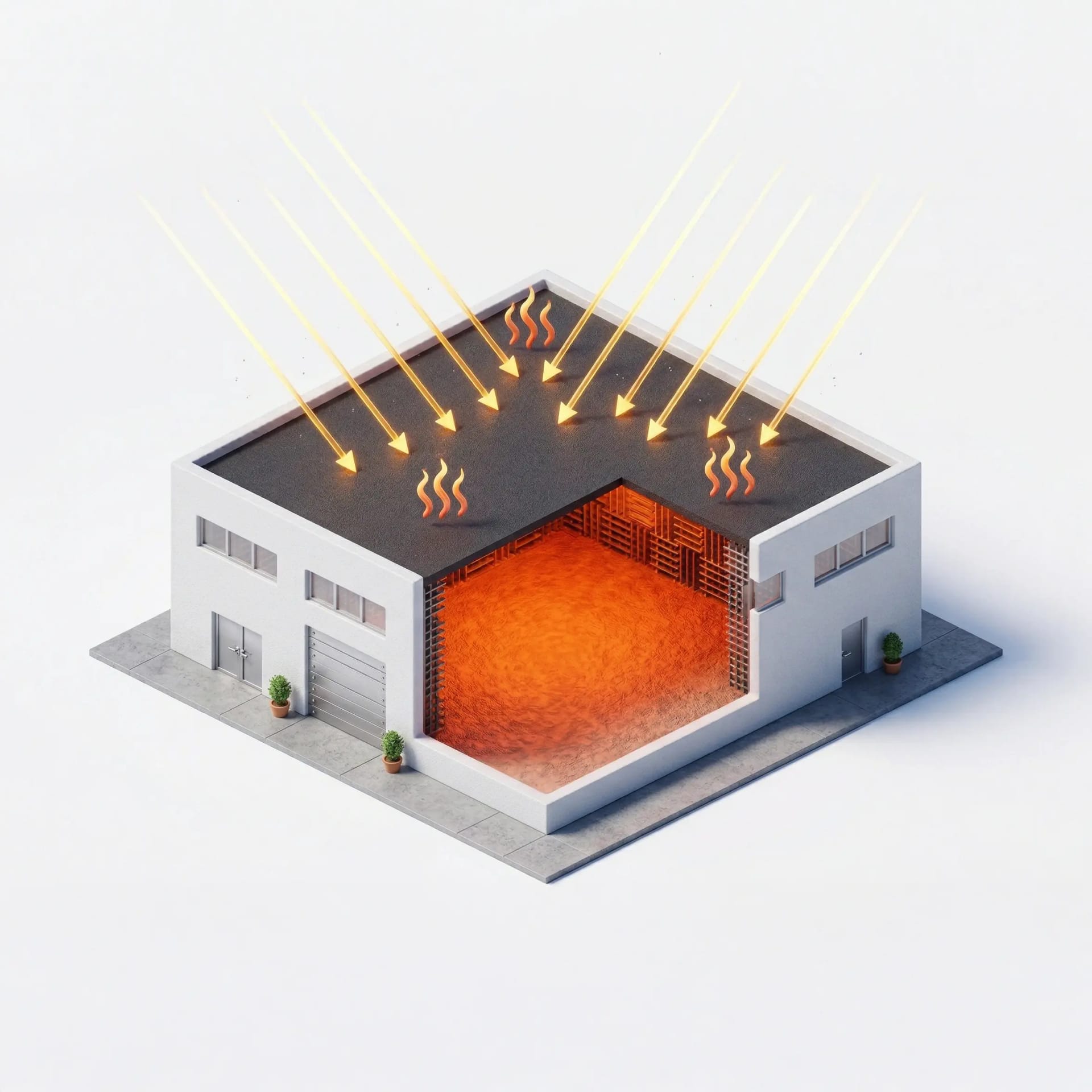 Entrepôt industriel sans cool roof, absorption thermique